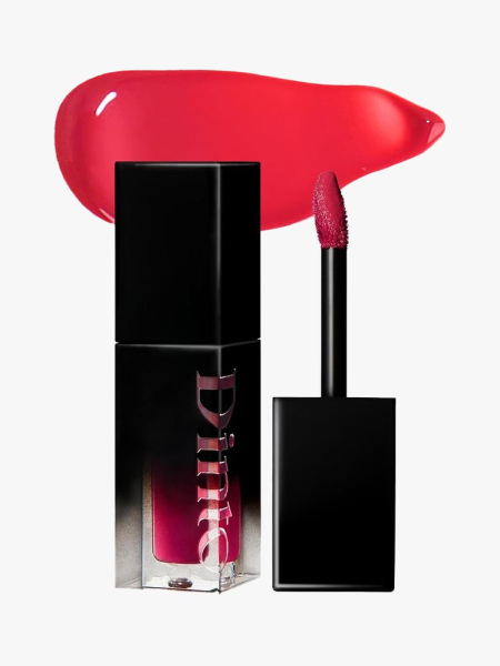 Dinto Blur-Glowy Lip Tint black vial of bright pink lip tint on light gray background