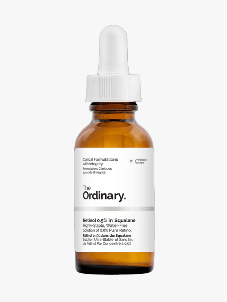 The Ordinary Retinol 0.5% in Squalane in branded dropper component on a light gray background